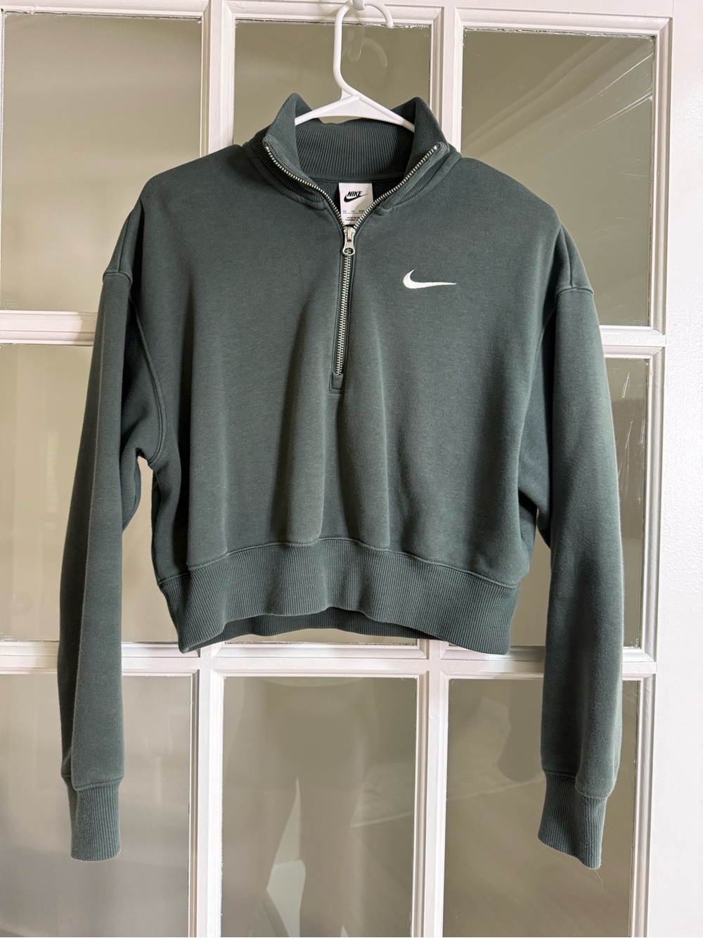 Nike Women's Dark Olive Green Half-Zip Crop Pullover with Swoosh